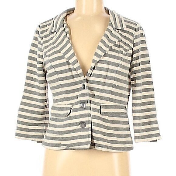 PIXLEY STITCH FIX Stripe Blazer Gray Cream Ivory French Terry 3/4 Sleeve Jacket - Picture 1 of 9